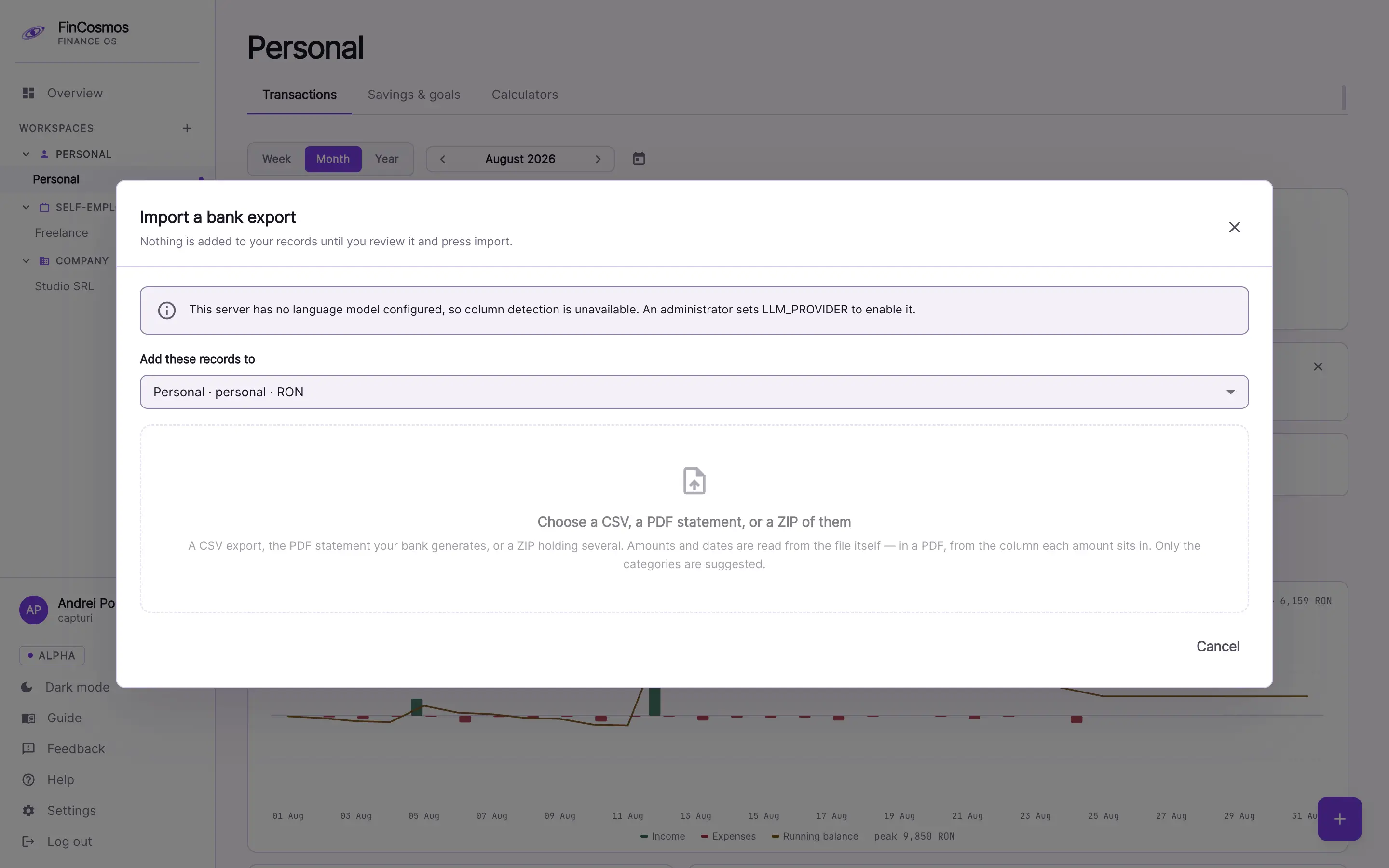 The import window open over the transactions screen: you choose which space the records go into and drop a CSV, PDF or ZIP file.