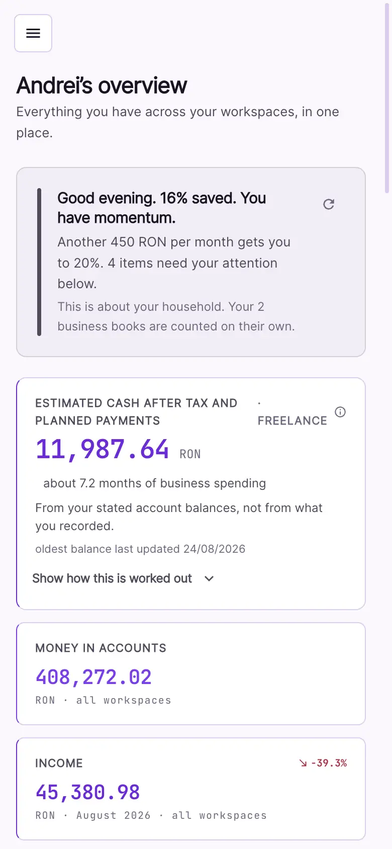 The same app on a phone screen, showing the same figures.